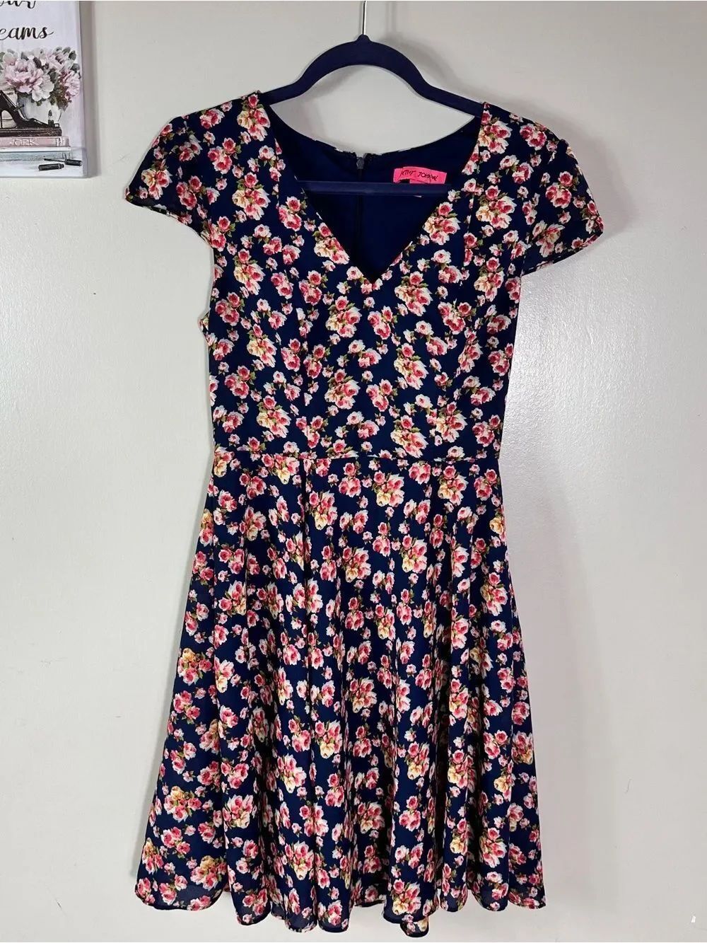 Betsey Johnson Navy Floral V-Neck Midi Dress NWOT